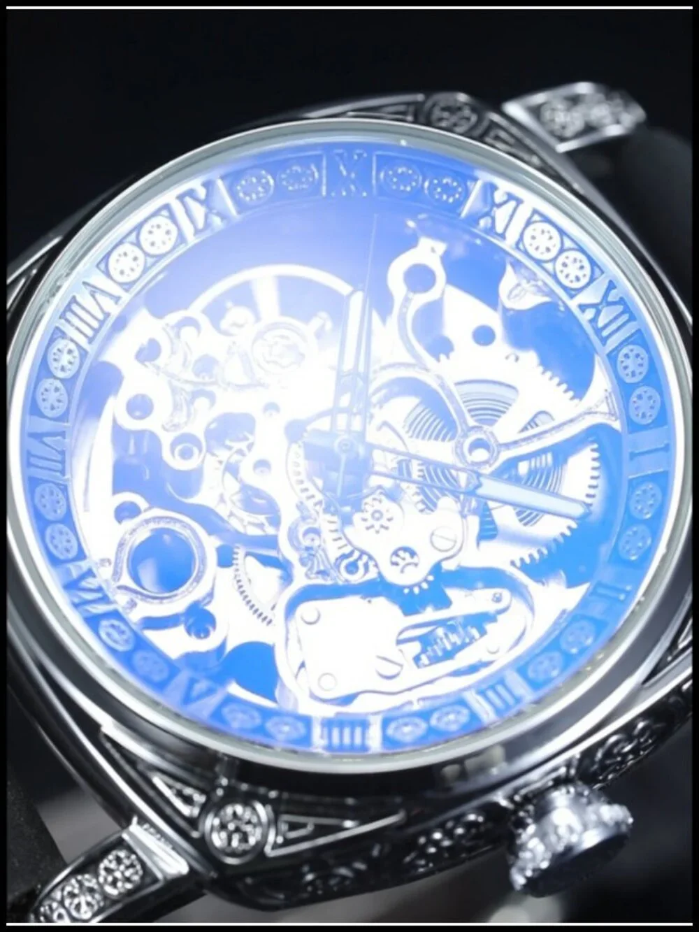 FORSINING Men's Square Retro Mechanical Watch Self-Wind Skeleton Carved Leather